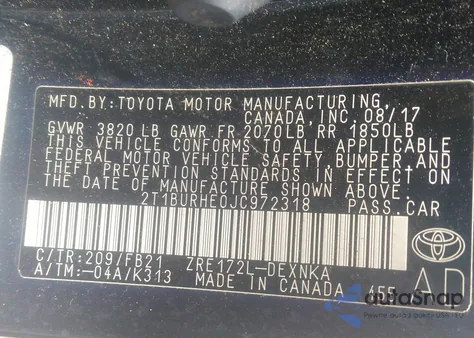 2018 Toyota Corolla Le из США, поврежденный, VIN 2T1BURHE0JC972318